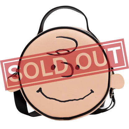 Peanuts Vegan Leather Round Crossbody Bag with Adjustable Straps Charlie Brown Smiling Face Character Close Up