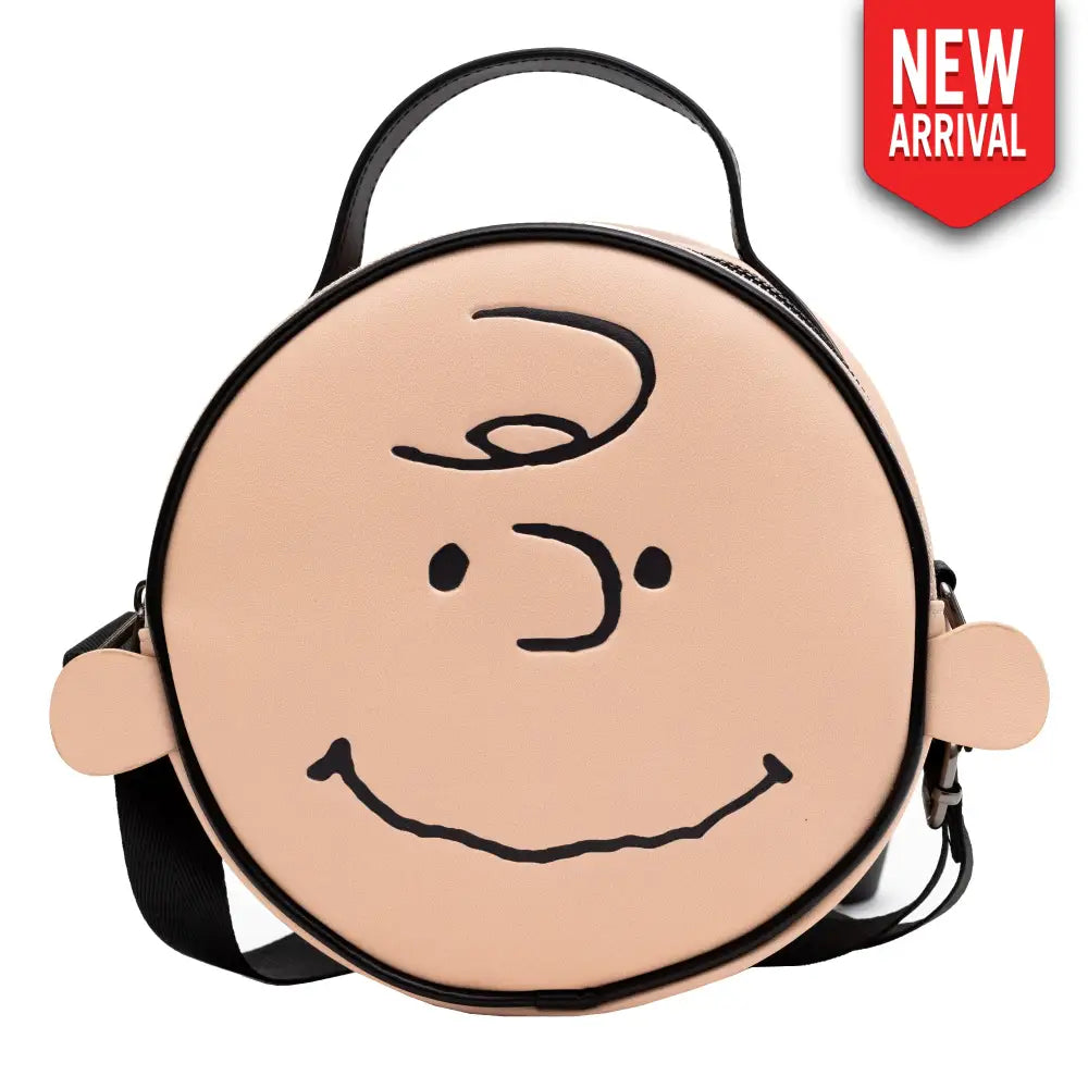 Peanuts Vegan Leather Round Crossbody Bag with Adjustable Straps Charlie Brown Smiling Face Character Close Up