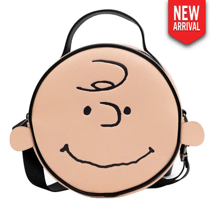 Peanuts Vegan Leather Round Crossbody Bag with Adjustable Straps Charlie Brown Smiling Face Character Close Up