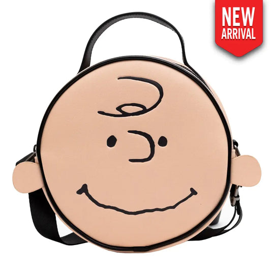 Peanuts Vegan Leather Round Crossbody Bag with Adjustable Straps Charlie Brown Smiling Face Character Close Up