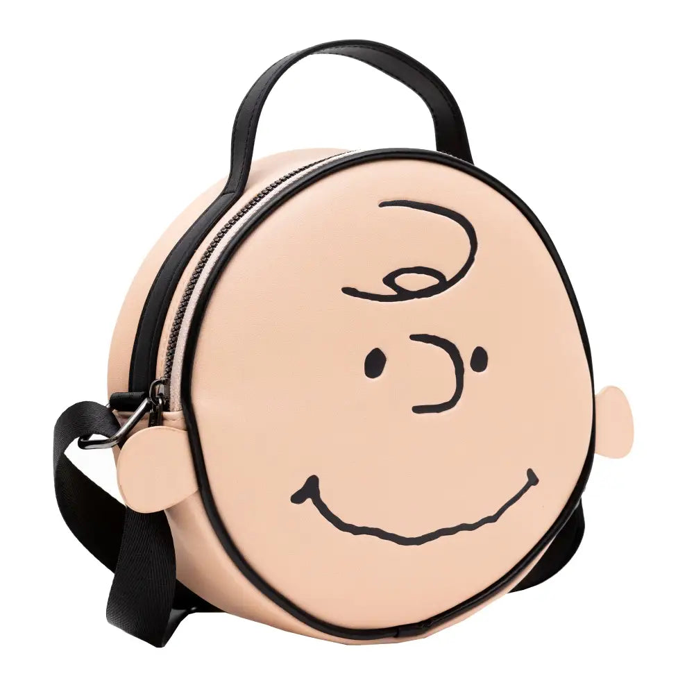 Peanuts Vegan Leather Round Crossbody Bag with Adjustable Straps Charlie Brown Smiling Face Character Close Up