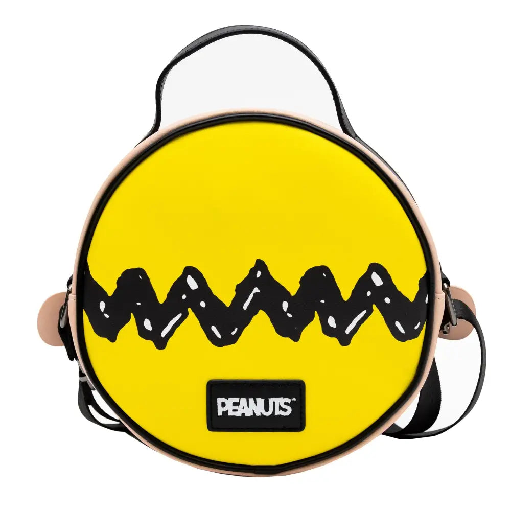 Peanuts Vegan Leather Round Crossbody Bag with Adjustable Straps Charlie Brown Smiling Face Character Close Up
