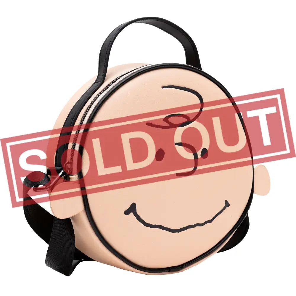 Peanuts Vegan Leather Round Crossbody Bag with Adjustable Straps Charlie Brown Smiling Face Character Close Up