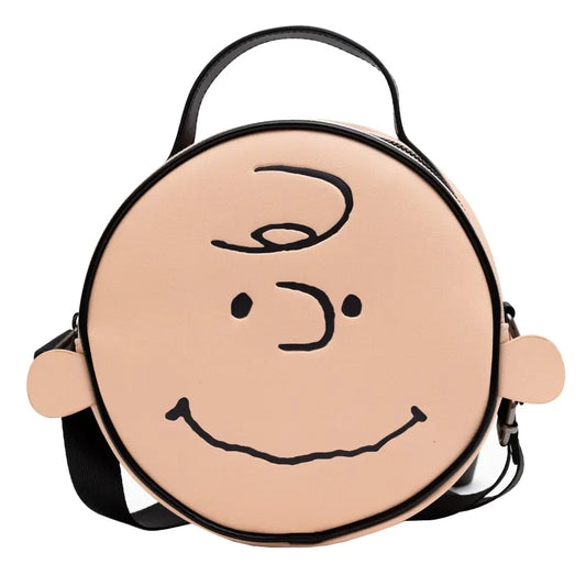 Peanuts Vegan Leather Round Crossbody Bag with Adjustable Straps Charlie Brown Smiling Face Character Close Up