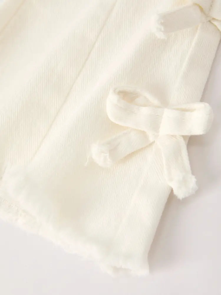 Charming White Denim Pants with Cute Bows - Jeans