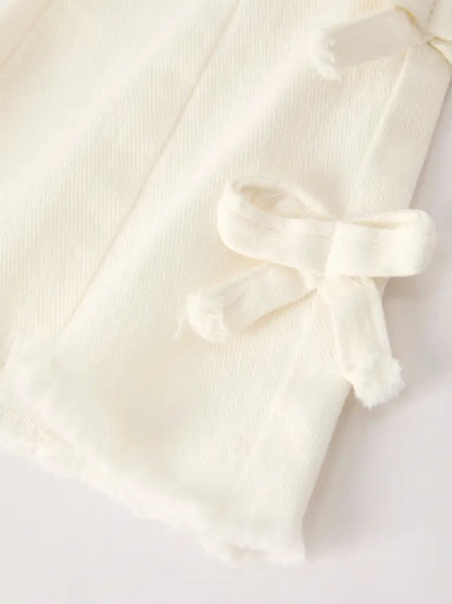 Charming White Denim Pants with Cute Bows - Jeans