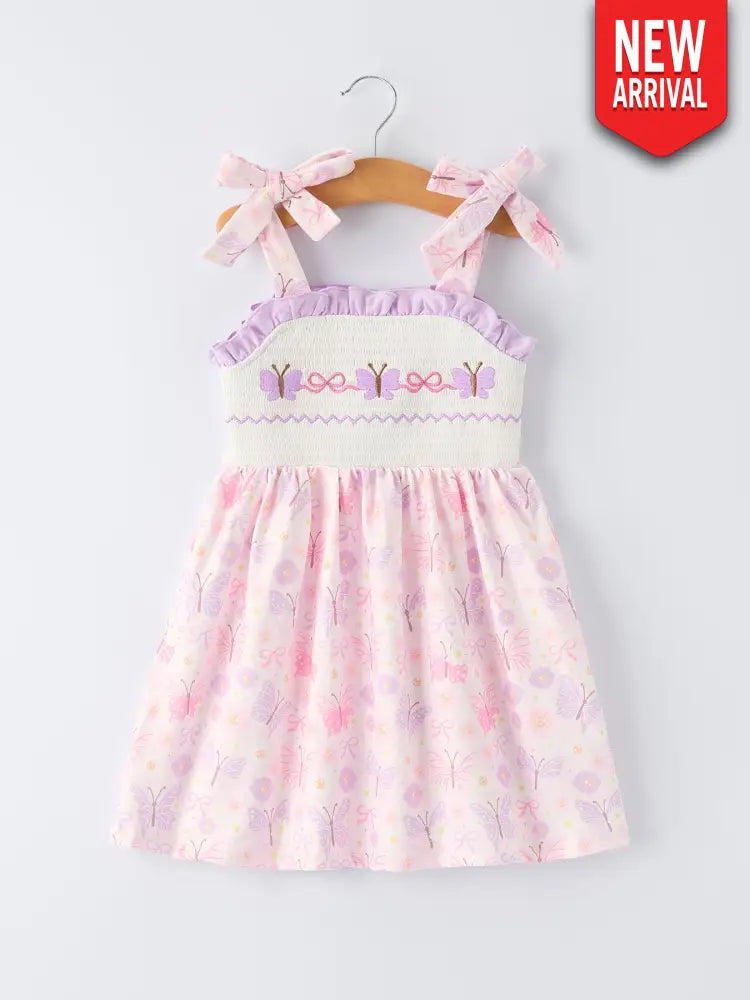 Butterfly Embroidery Smocking Bow Baby Girls Dress Dress