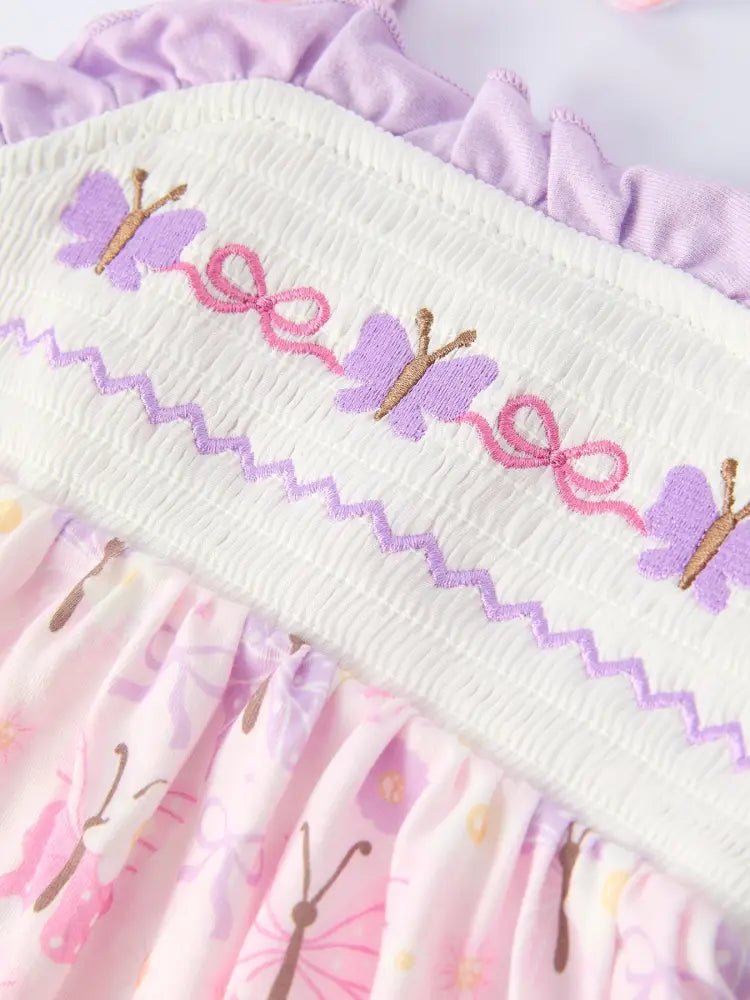 Butterfly Embroidery Smocking Bow Baby Girls Bloomers Set Outfit
