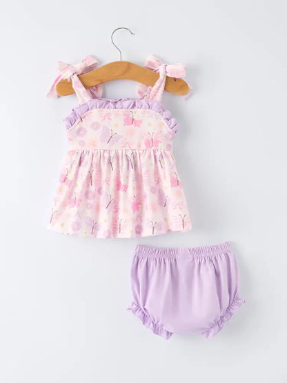 Butterfly Embroidery Smocking Bow Baby Girls Bloomers Set Outfit