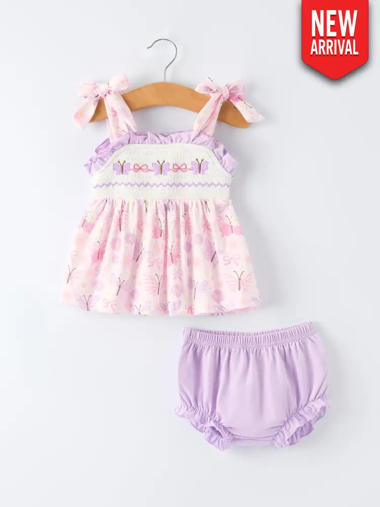 Butterfly Embroidery Smocking Bow Baby Girls Bloomers Set Outfit
