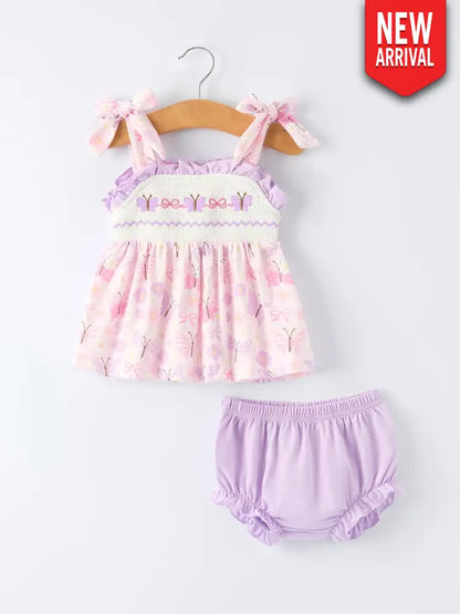 Butterfly Embroidery Smocking Bow Baby Girls Bloomers Set Outfit