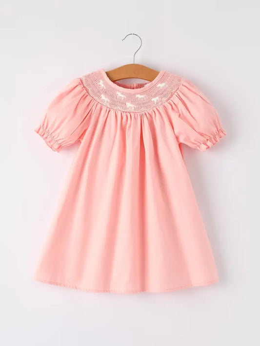 Girls Horse Smocking Embroidered Coral Dress Dress