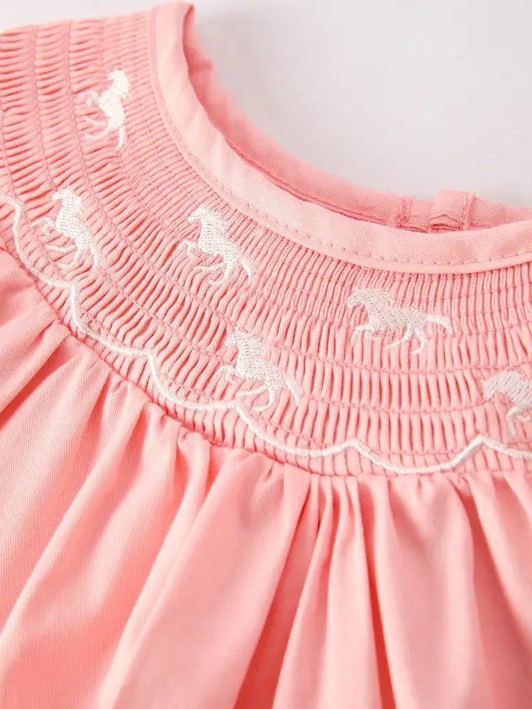 Girls Horse Smocking Embroidered Coral Dress Dress