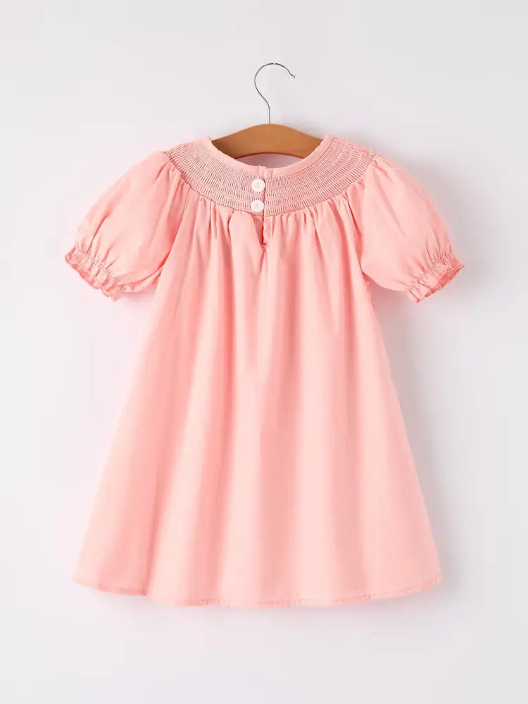 Girls Horse Smocking Embroidered Coral Dress Dress