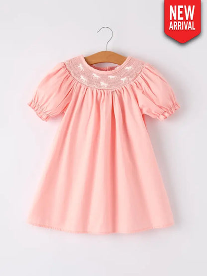 Girls Horse Smocking Embroidered Coral Dress Dress