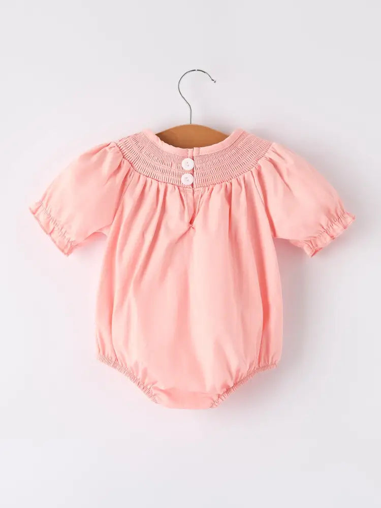 Girls Horse Smocking Embroidered Coral Romper Romper