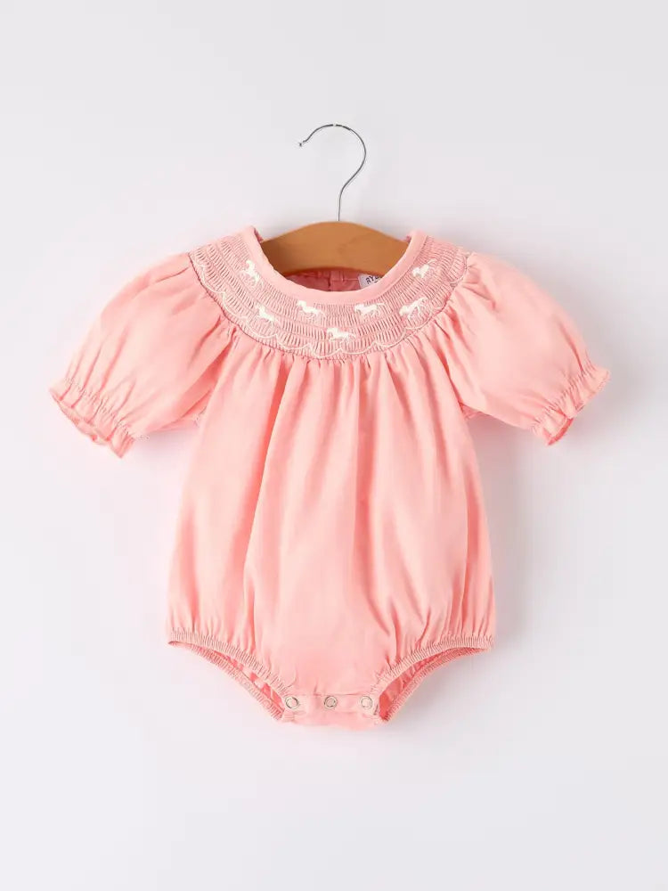 Girls Horse Smocking Embroidered Coral Romper Romper