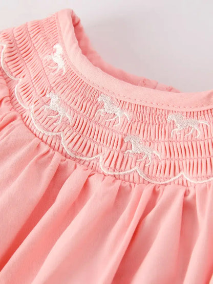 Girls Horse Smocking Embroidered Coral Romper Romper