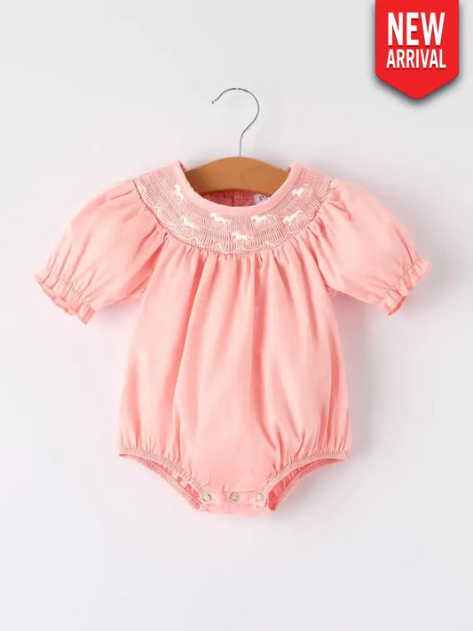 Girls Horse Smocking Embroidered Coral Romper Romper
