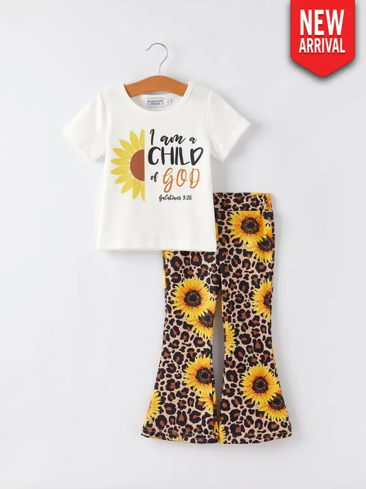 Spring and Summer Sunflower Leopard Print Girls Suit Outfit