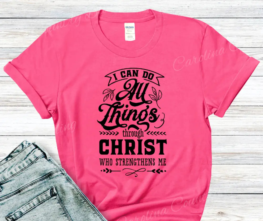 Christ Who Strengthens Me – Multi Small / Pink Shirt