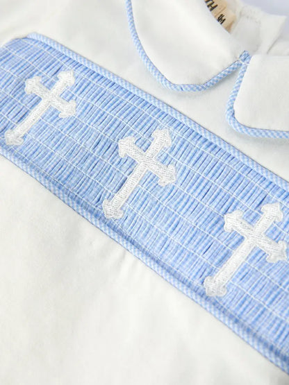 Blue Smocked Church Christ Bishop Christening Baby Boy Bloomer Set - Romper