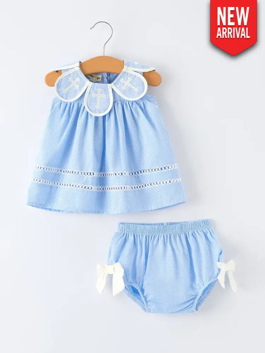 Blue Petal Peter Pan Collar Christening Baby Girls Bloomer Set - Romper