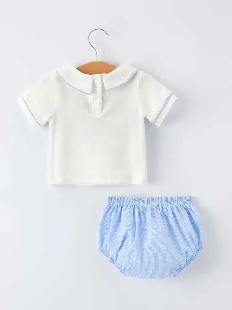 Blue Smocked Church Christ Bishop Christening Baby Boy Bloomer Set - Romper