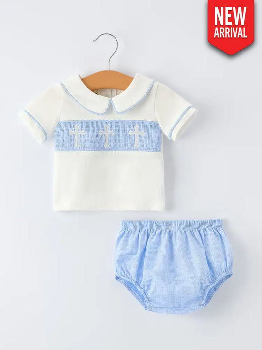 Blue Smocked Church Christ Bishop Christening Baby Boy Bloomer Set - Romper