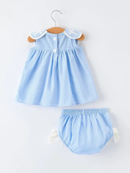 Blue Petal Peter Pan Collar Christening Baby Girls Bloomer Set - Romper