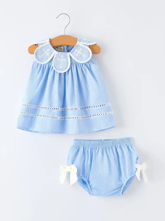 Blue Petal Peter Pan Collar Christening Baby Girls Bloomer Set - Romper
