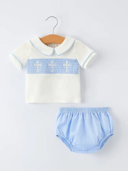 Blue Smocked Church Christ Bishop Christening Baby Boy Bloomer Set - Romper