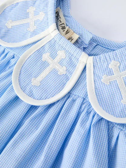 Blue Petal Peter Pan Collar Christening Baby Girls Bloomer Set - Romper