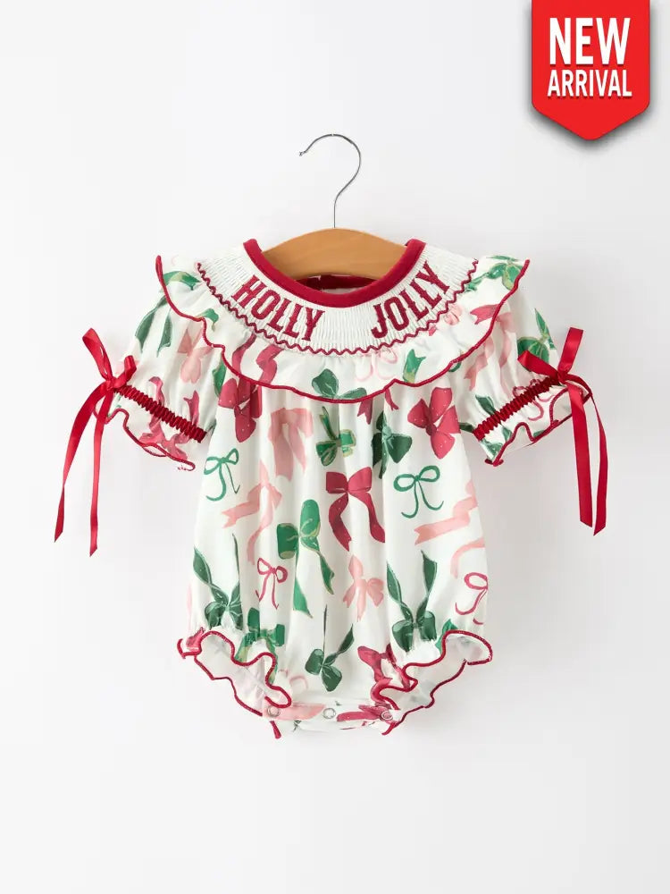 Christmas Baby Girls Holly Jolly Smocked Bubble Romper - Romper