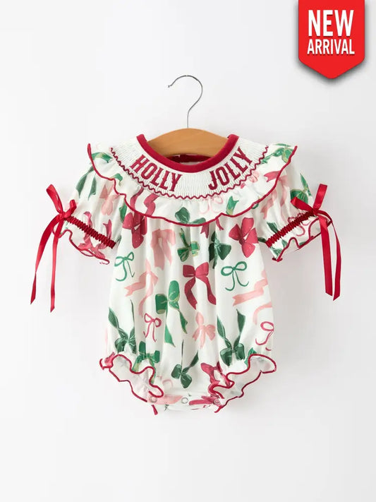 Christmas Baby Girls Holly Jolly Smocked Bubble Romper - Romper