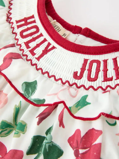 Christmas Baby Girls Holly Jolly Smocked Bubble Romper - Romper
