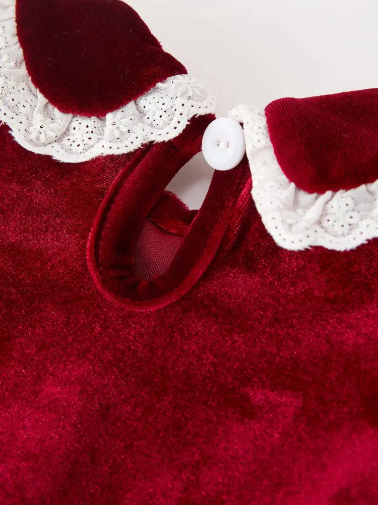 Christmas Burgundy Velvet Baby Girl Smocked Pearl Romper - Romper
