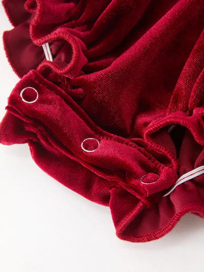 Christmas Burgundy Velvet Baby Girl Smocked Pearl Romper - Romper