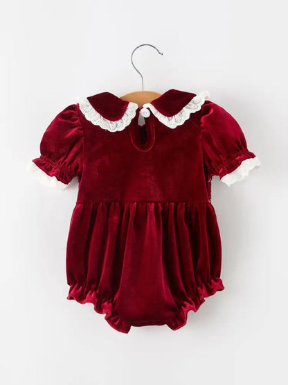 Christmas Burgundy Velvet Baby Girl Smocked Pearl Romper - Romper