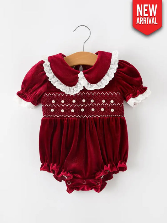 Christmas Burgundy Velvet Baby Girl Smocked Pearl Romper - Romper