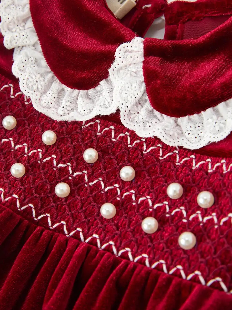 Christmas Burgundy Velvet Baby Girl Smocked Pearl Romper - Romper
