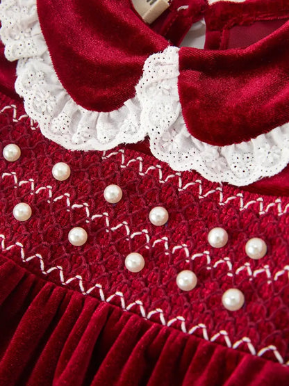 Christmas Burgundy Velvet Baby Girl Smocked Pearl Romper - Romper