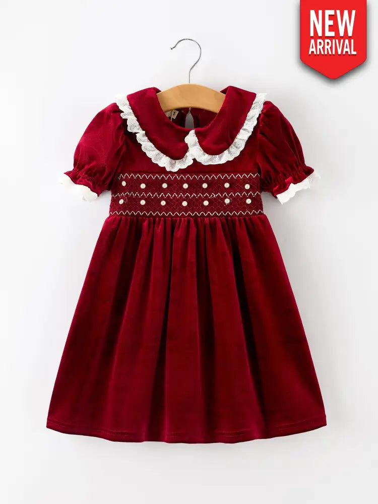 Christmas Burgundy Velvet Girls Smocked Pearl Lace Collar Dress - Dress