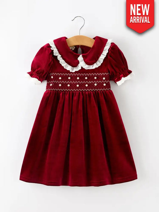 Christmas Burgundy Velvet Girls Smocked Pearl Lace Collar Dress - Dress