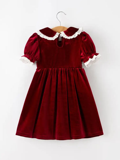 Christmas Burgundy Velvet Girls Smocked Pearl Lace Collar Dress - Dress