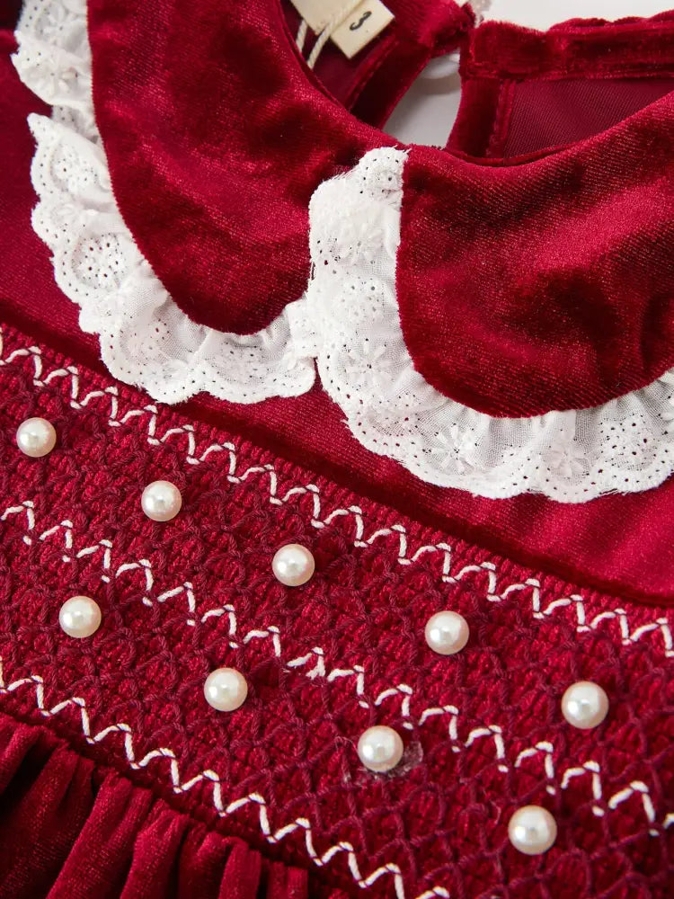 Christmas Burgundy Velvet Girls Smocked Pearl Lace Collar Dress - Dress
