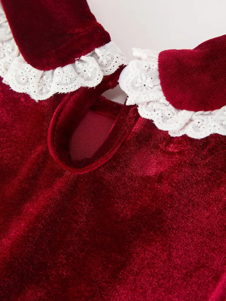 Christmas Burgundy Velvet Girls Smocked Pearl Lace Collar Dress - Dress