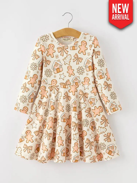 Christmas Gingerbread Cookie Girls Long Sleeve Twirl Dress - Dress
