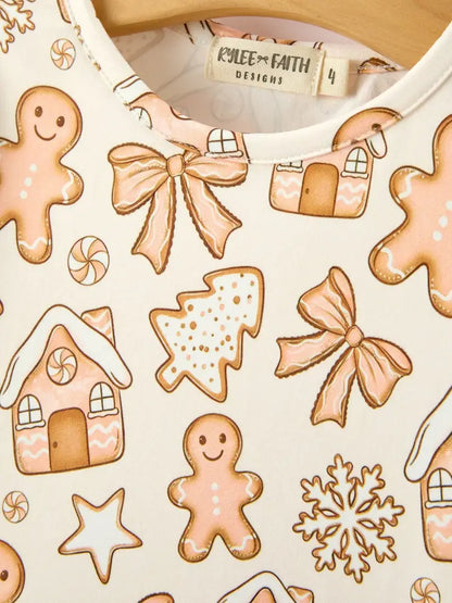 Christmas Gingerbread Cookie Girls Long Sleeve Twirl Dress - Dress