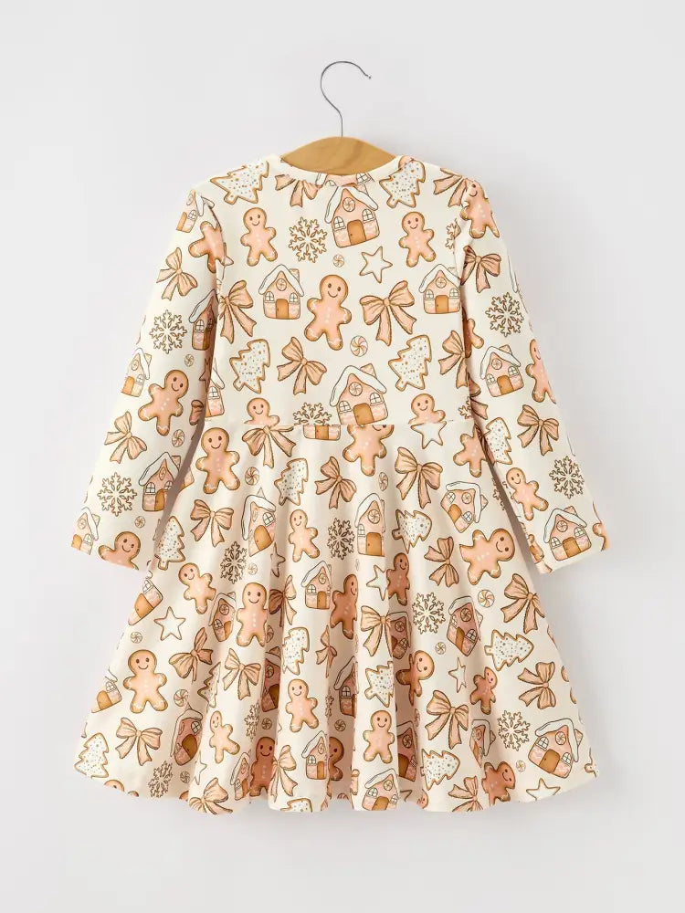 Christmas Gingerbread Cookie Girls Long Sleeve Twirl Dress - Dress